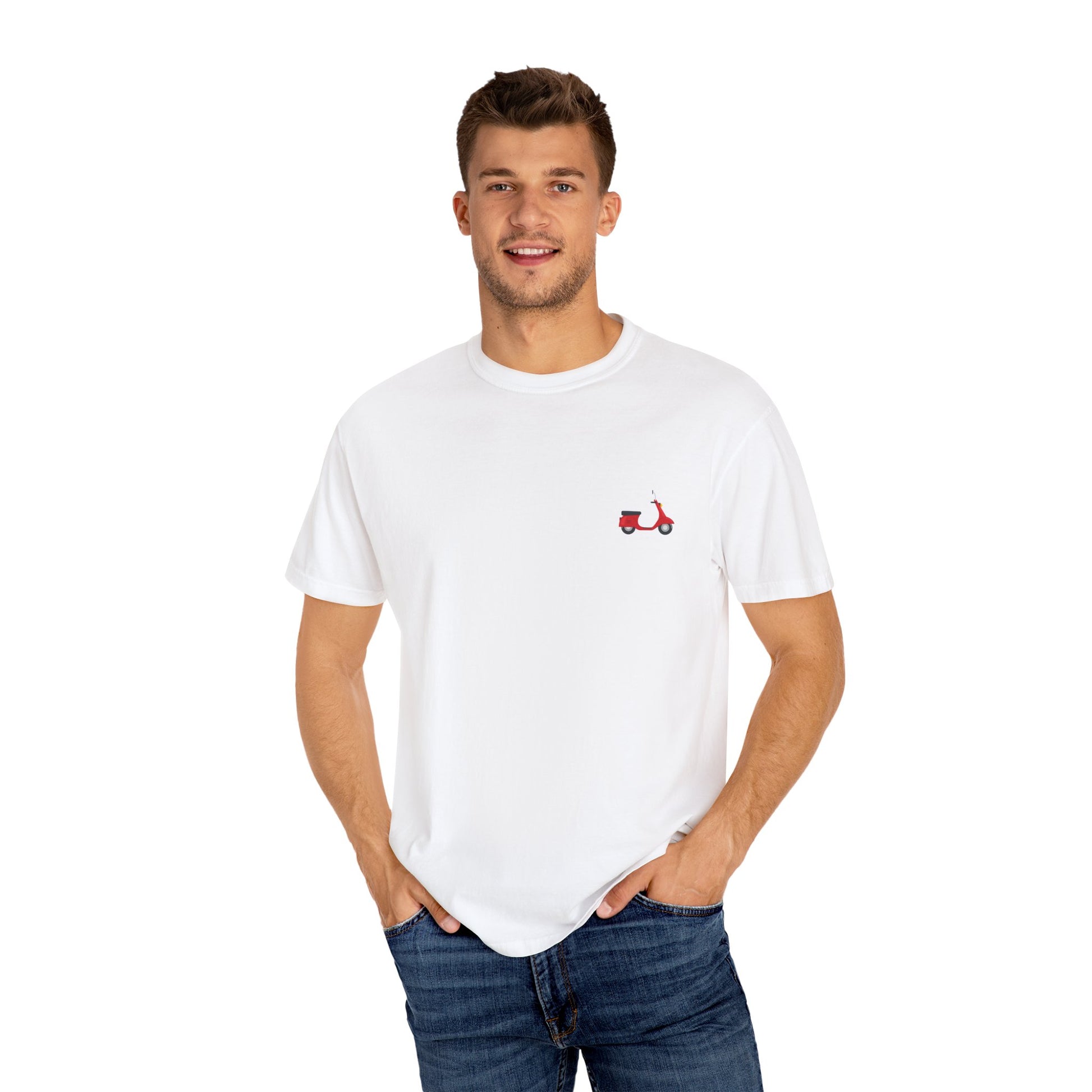 Casual Garment-Dyed T-Shirt with Scooter Design - Unisex, Summer Fashion, Gift Idea, Everyday Wear, Eco-Friendly Tee