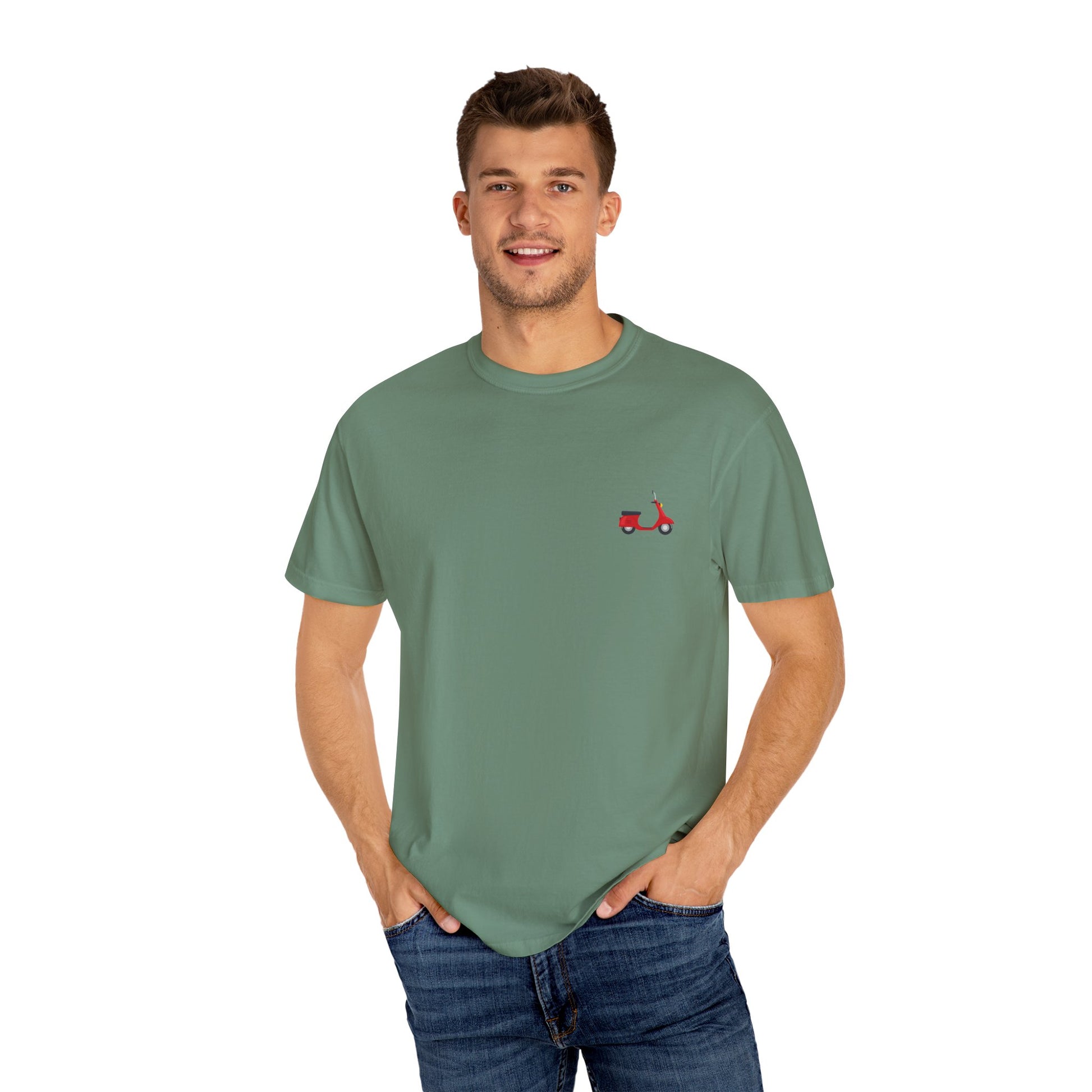 Casual Garment-Dyed T-Shirt with Scooter Design - Unisex, Summer Fashion, Gift Idea, Everyday Wear, Eco-Friendly Tee