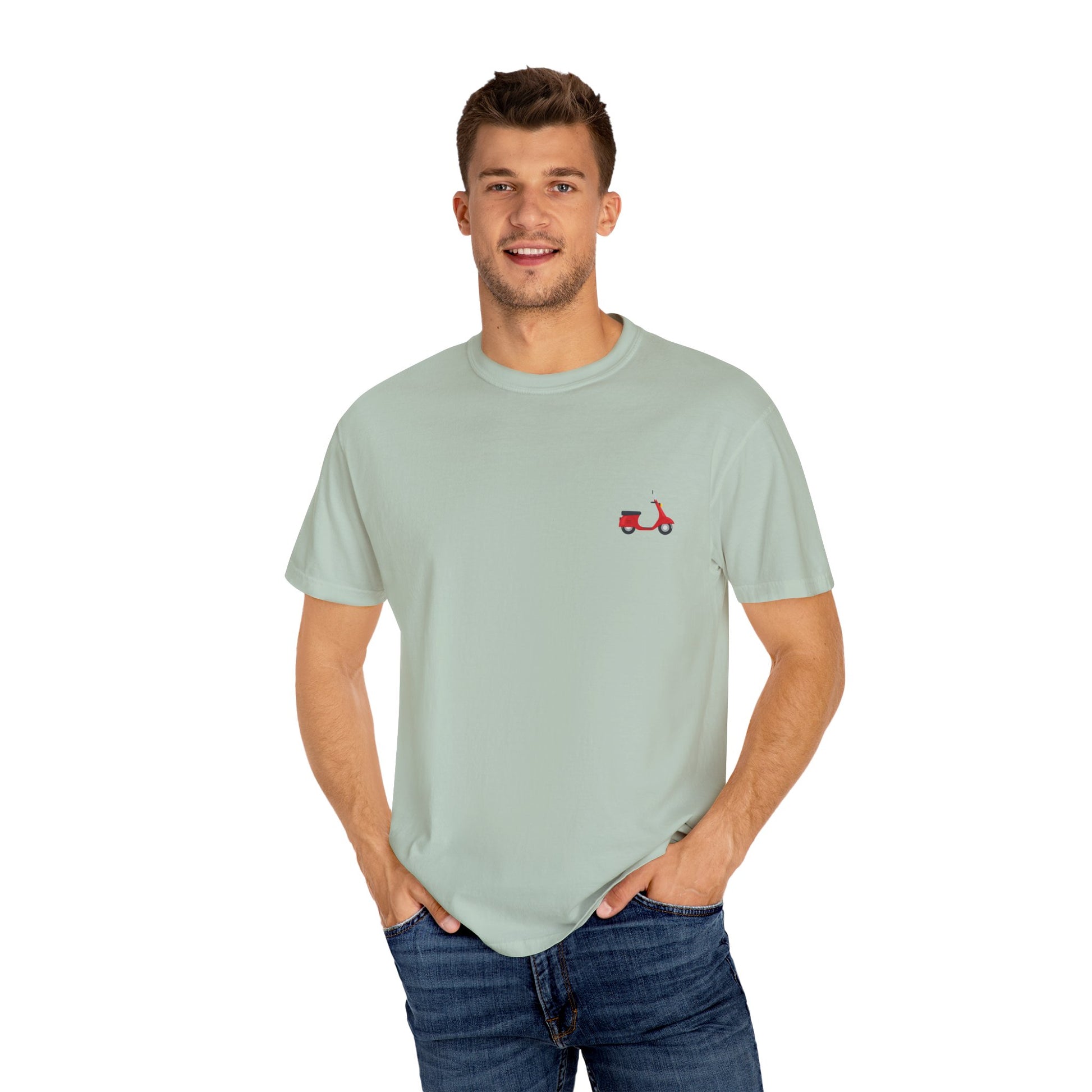 Casual Garment-Dyed T-Shirt with Scooter Design - Unisex, Summer Fashion, Gift Idea, Everyday Wear, Eco-Friendly Tee