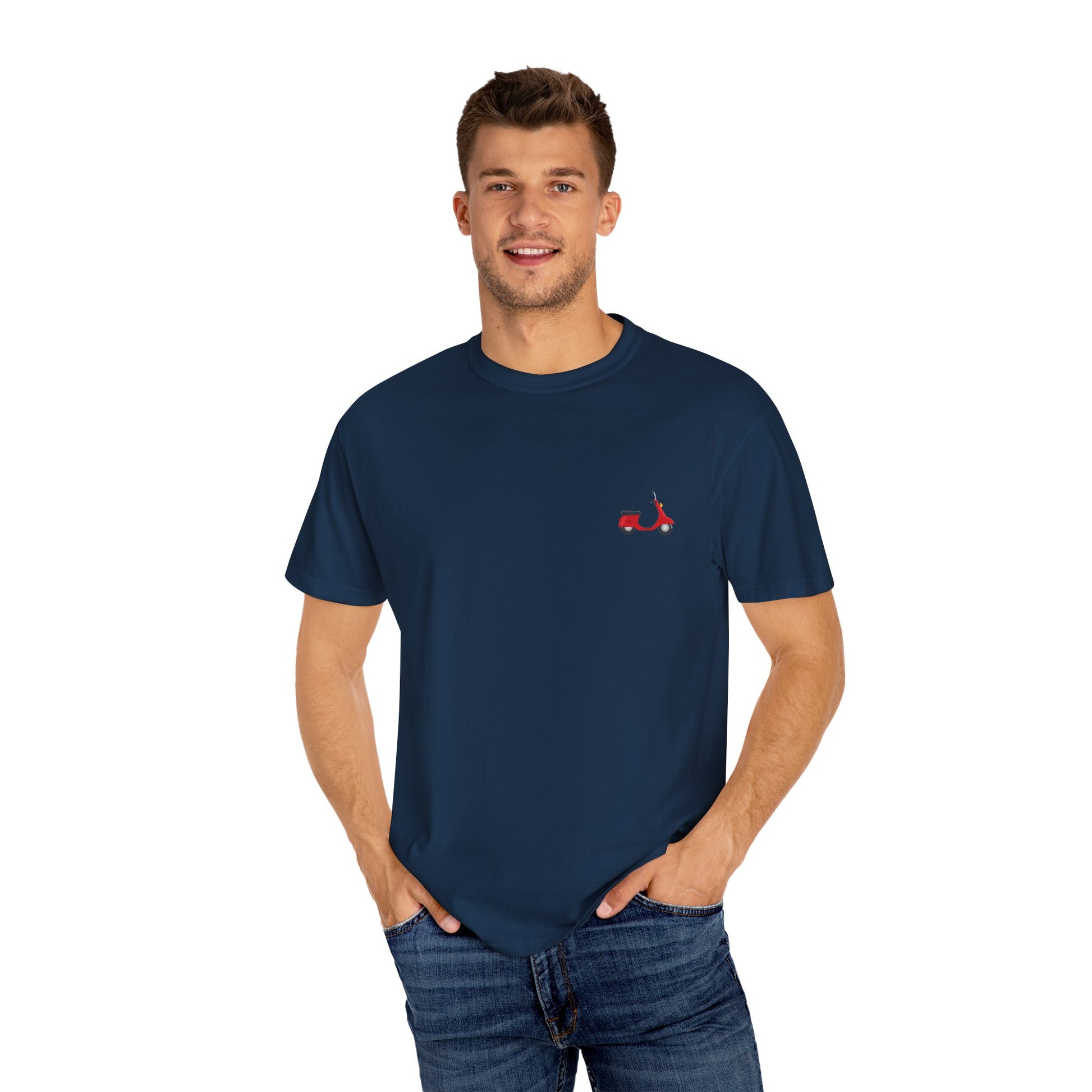 Casual Garment-Dyed T-Shirt with Scooter Design - Unisex, Summer Fashion, Gift Idea, Everyday Wear, Eco-Friendly Tee