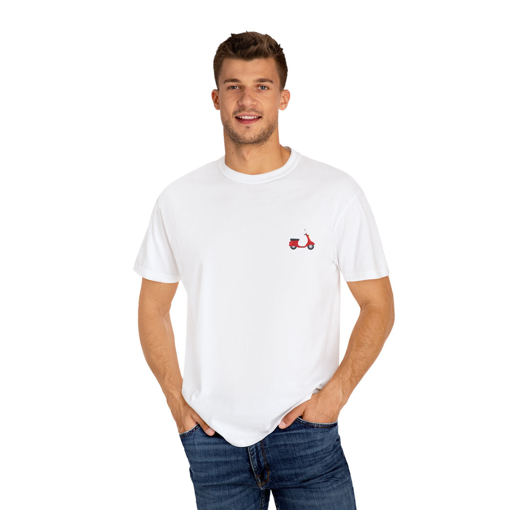 Casual Garment-Dyed T-Shirt with Scooter Design - Unisex, Summer Fashion, Gift Idea, Everyday Wear, Eco-Friendly Tee