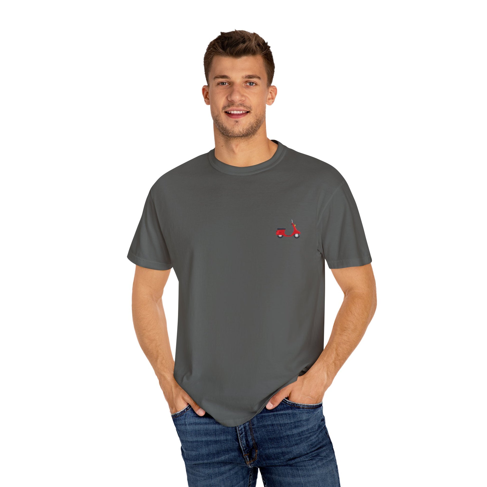 Casual Garment-Dyed T-Shirt with Scooter Design - Unisex, Summer Fashion, Gift Idea, Everyday Wear, Eco-Friendly Tee
