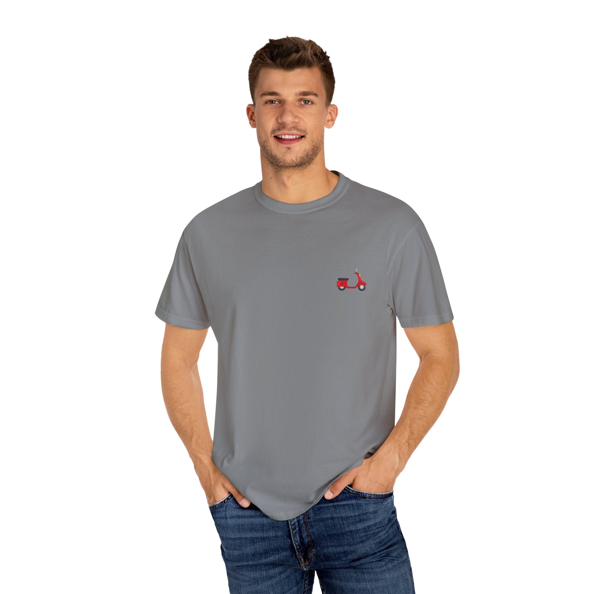 Casual Garment-Dyed T-Shirt with Scooter Design - Unisex, Summer Fashion, Gift Idea, Everyday Wear, Eco-Friendly Tee