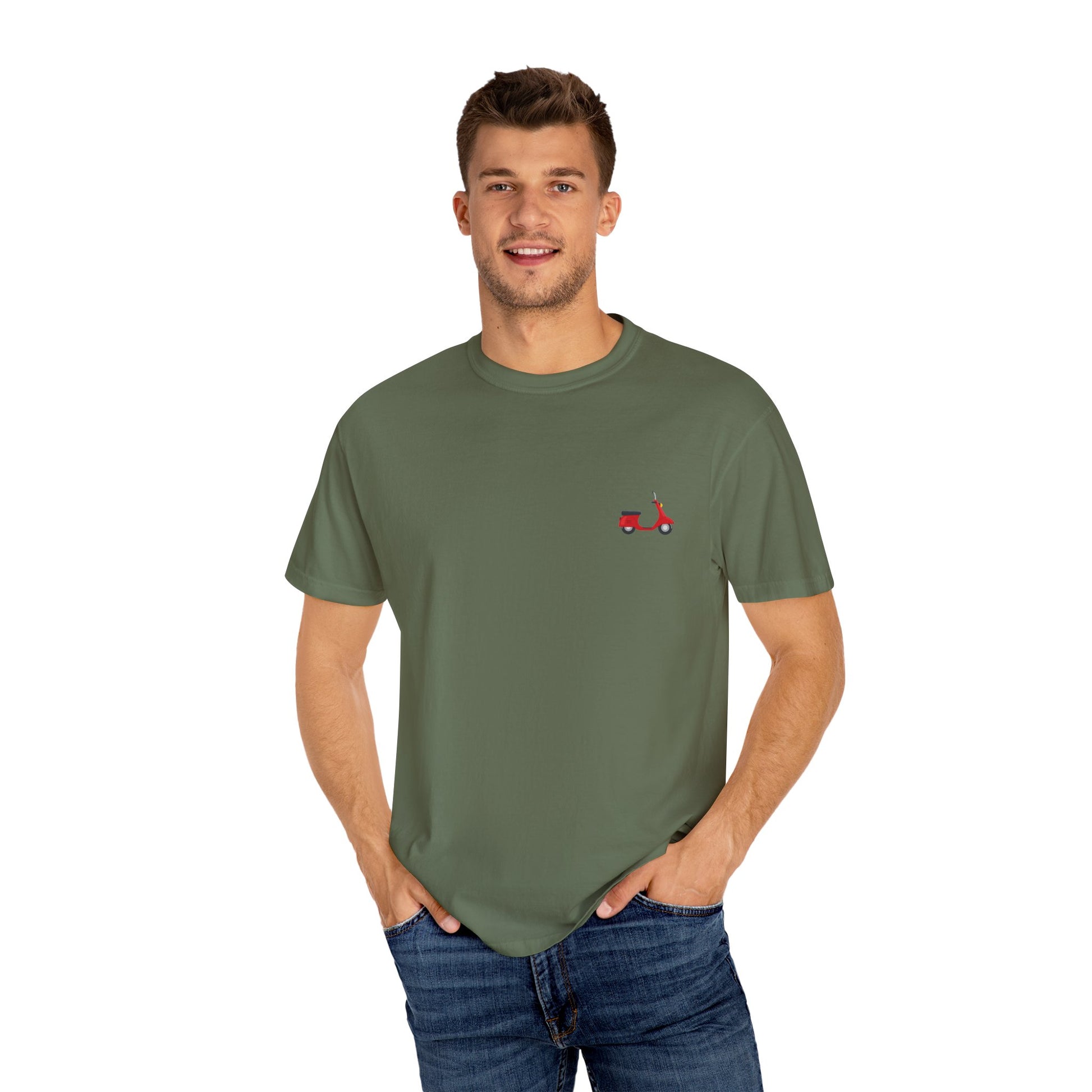 Casual Garment-Dyed T-Shirt with Scooter Design - Unisex, Summer Fashion, Gift Idea, Everyday Wear, Eco-Friendly Tee