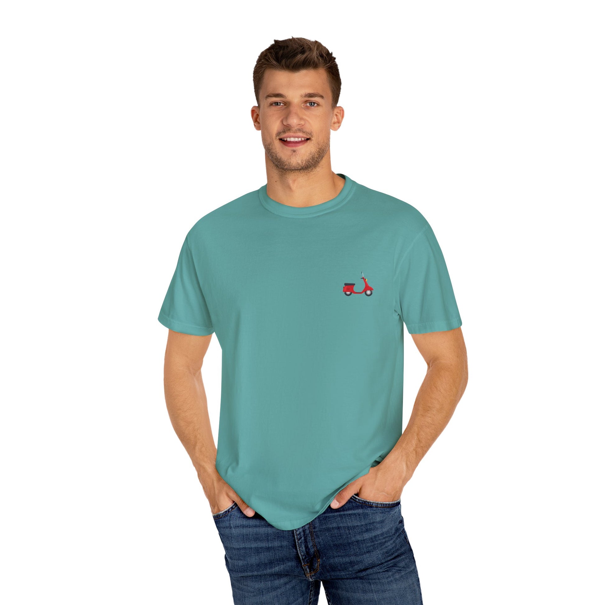 Casual Garment-Dyed T-Shirt with Scooter Design - Unisex, Summer Fashion, Gift Idea, Everyday Wear, Eco-Friendly Tee