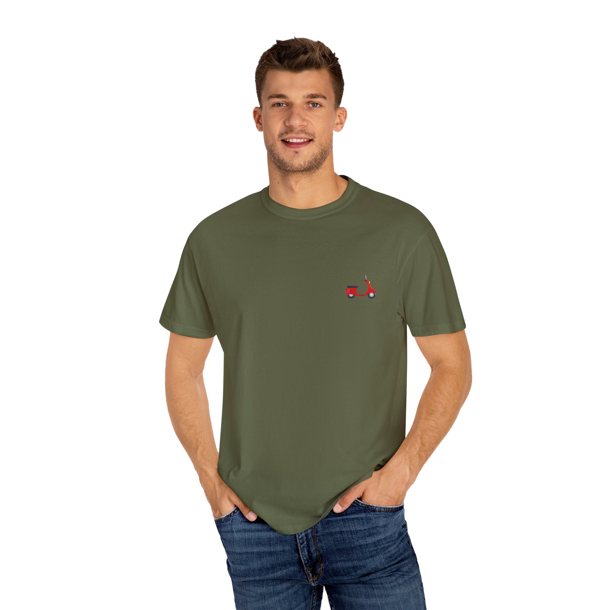 Casual Garment-Dyed T-Shirt with Scooter Design - Unisex, Summer Fashion, Gift Idea, Everyday Wear, Eco-Friendly Tee