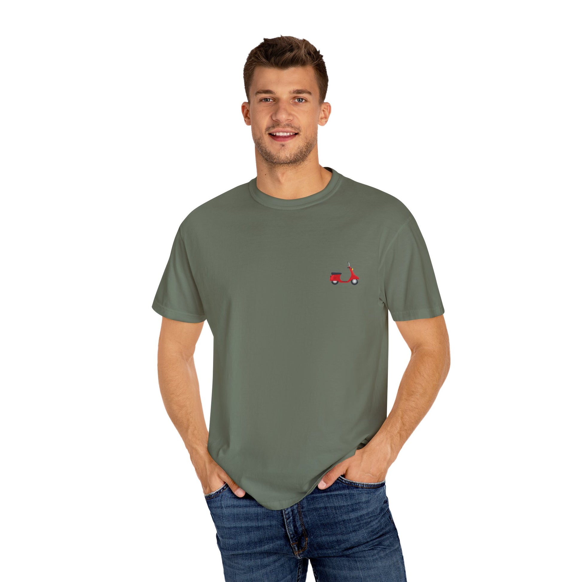 Casual Garment-Dyed T-Shirt with Scooter Design - Unisex, Summer Fashion, Gift Idea, Everyday Wear, Eco-Friendly Tee