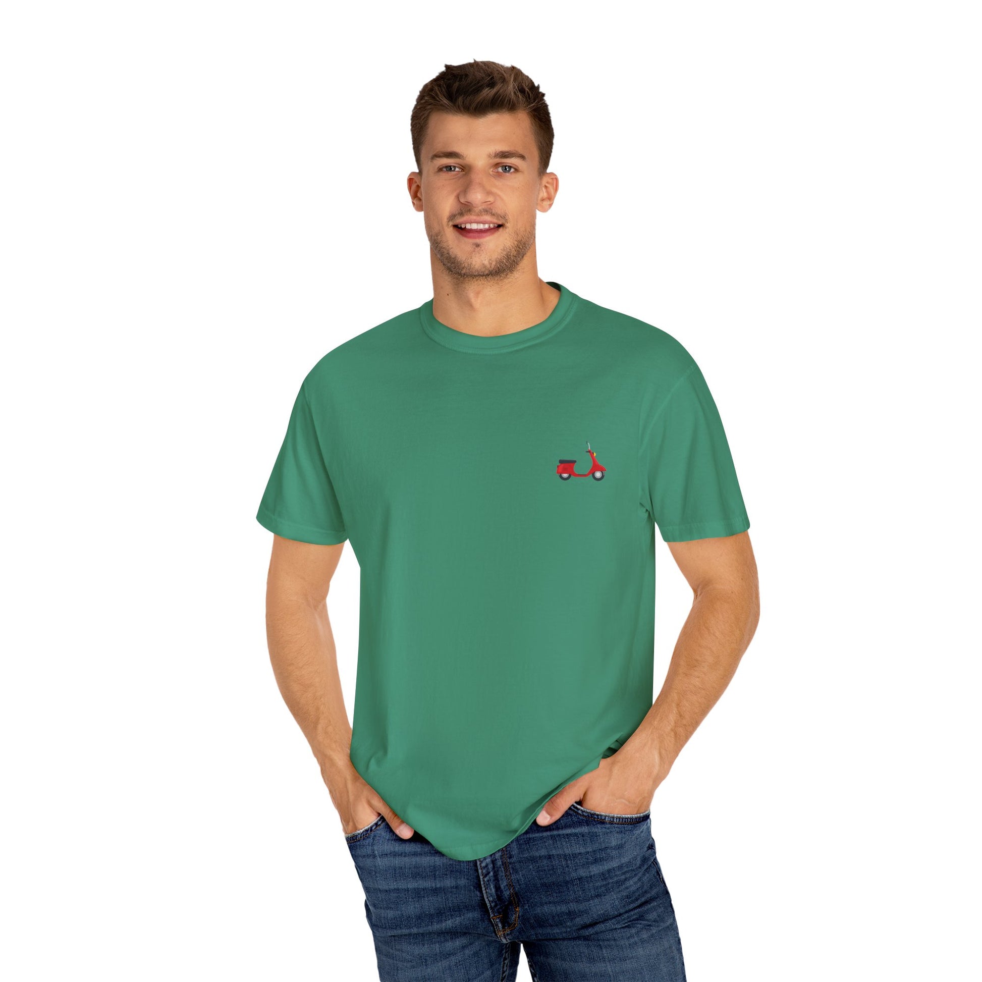 Casual Garment-Dyed T-Shirt with Scooter Design - Unisex, Summer Fashion, Gift Idea, Everyday Wear, Eco-Friendly Tee