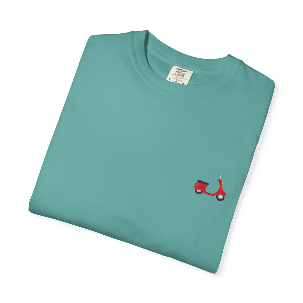 Casual Garment-Dyed T-Shirt with Scooter Design - Unisex, Summer Fashion, Gift Idea, Everyday Wear, Eco-Friendly Tee