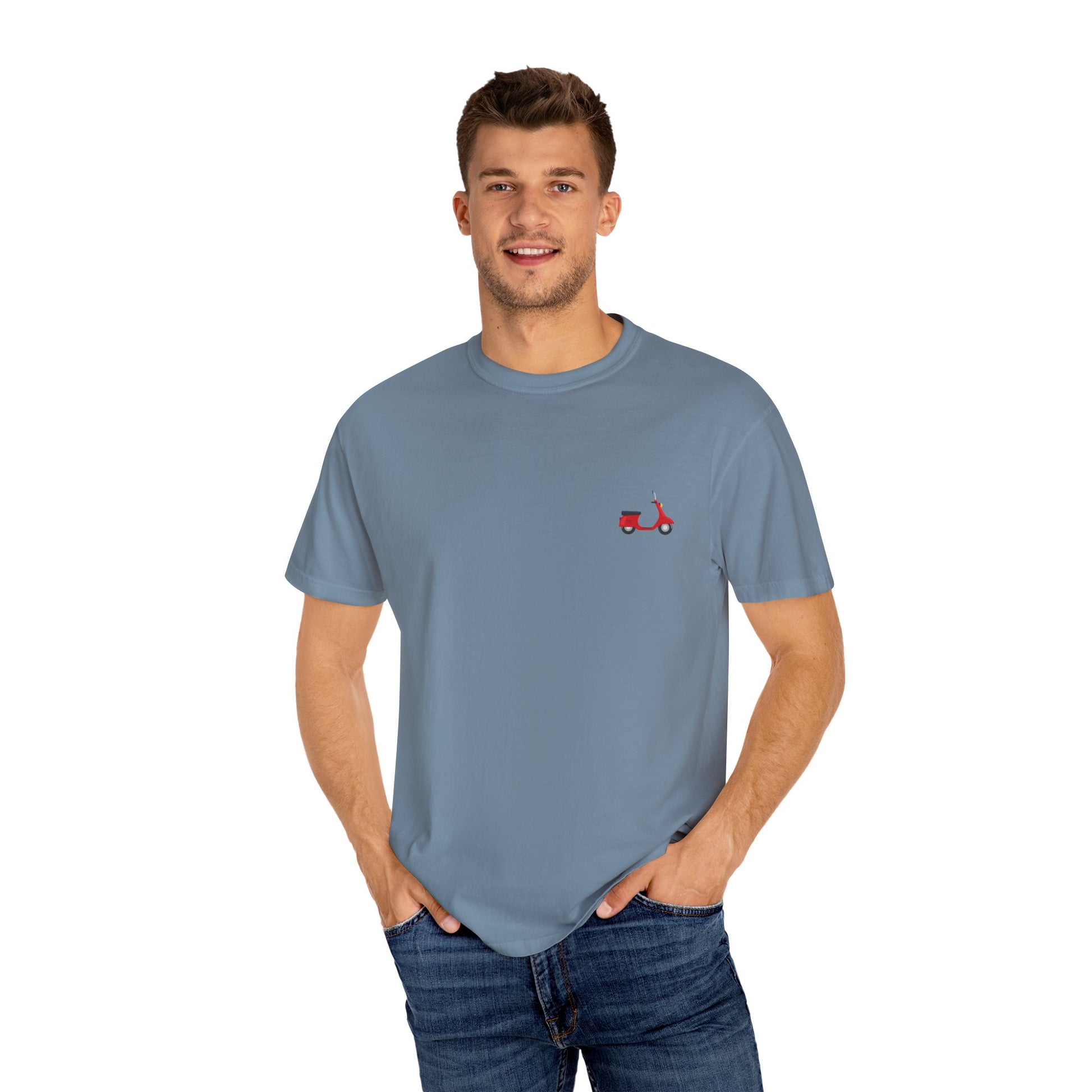 Casual Garment-Dyed T-Shirt with Scooter Design - Unisex, Summer Fashion, Gift Idea, Everyday Wear, Eco-Friendly Tee