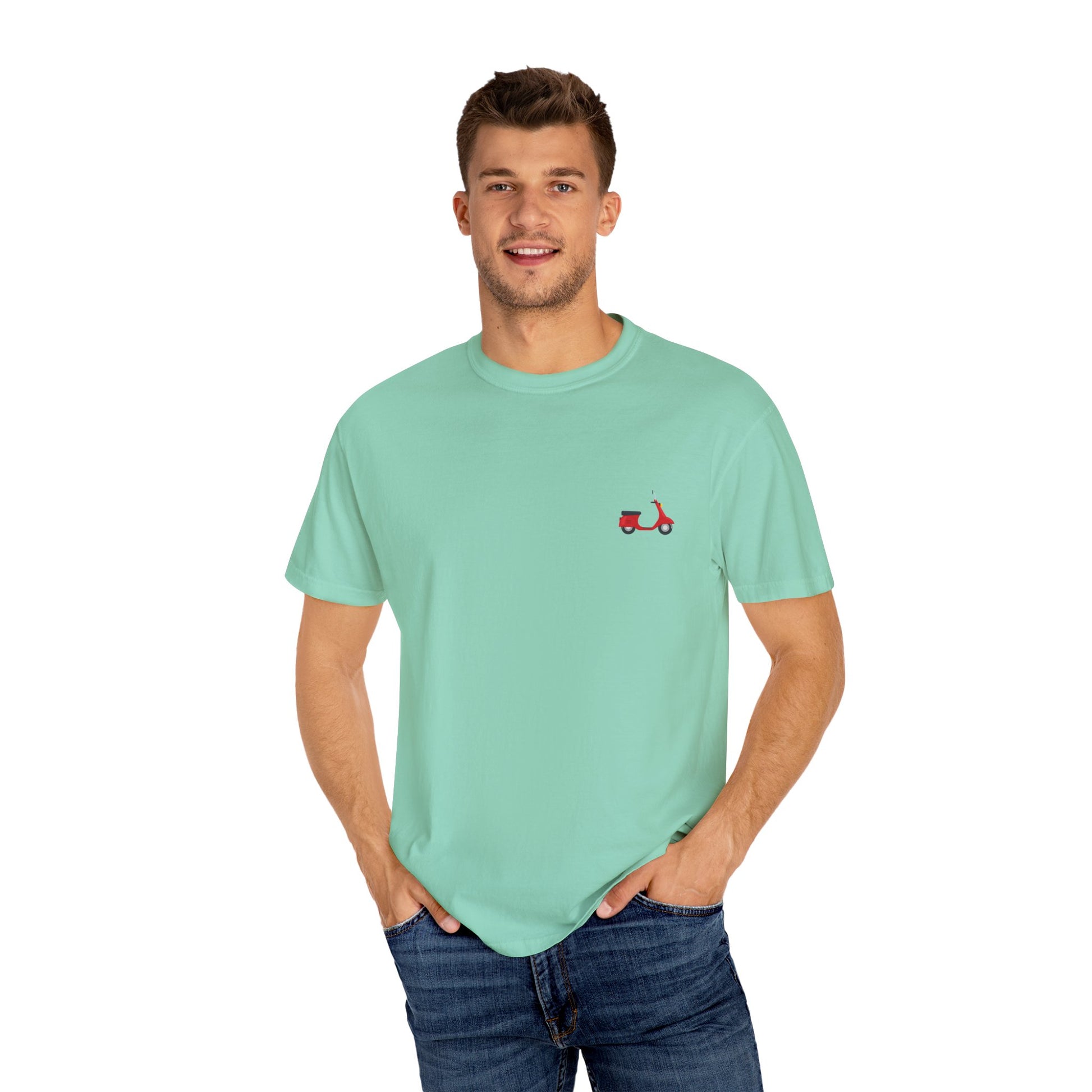 Casual Garment-Dyed T-Shirt with Scooter Design - Unisex, Summer Fashion, Gift Idea, Everyday Wear, Eco-Friendly Tee