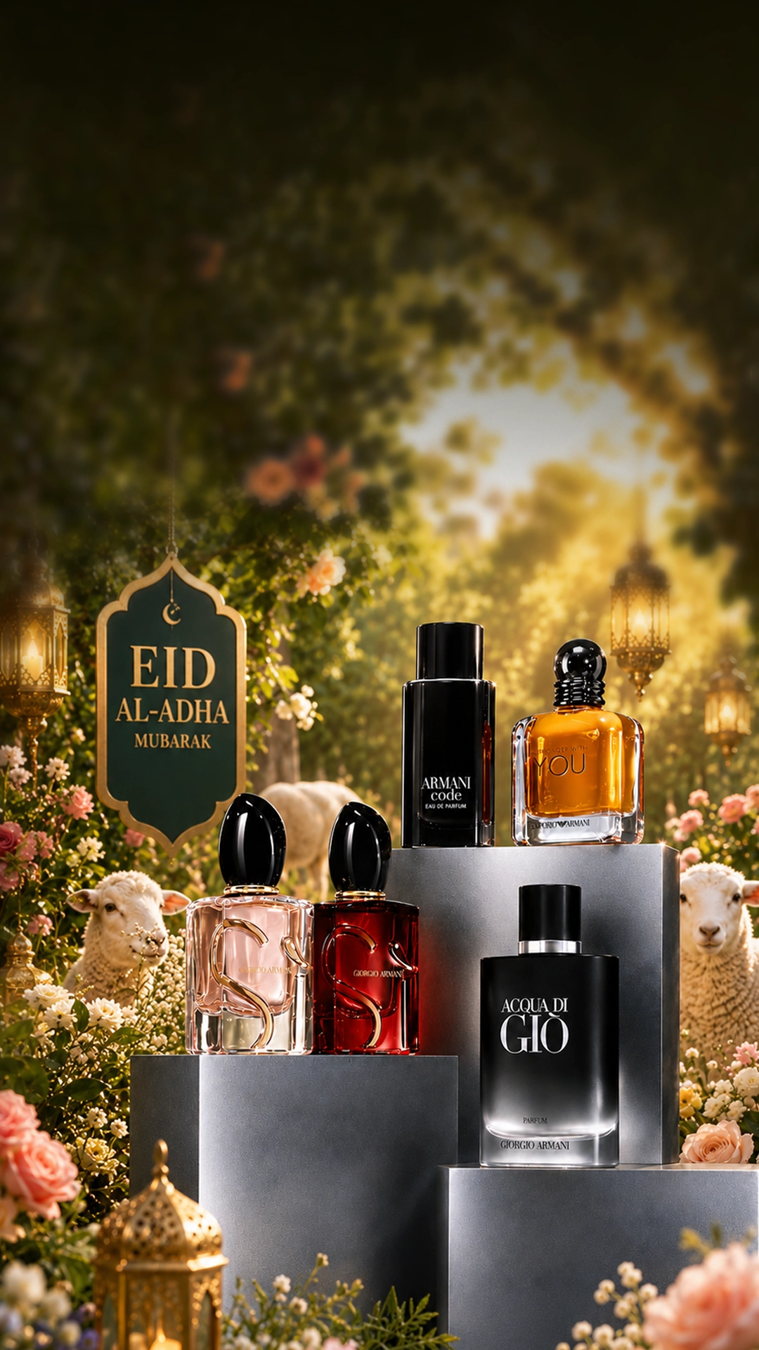 تصميم عيد الأضحى لعطور فاخرة مع زجاجة عطر وكبش وفانوس وأفق صحراوي