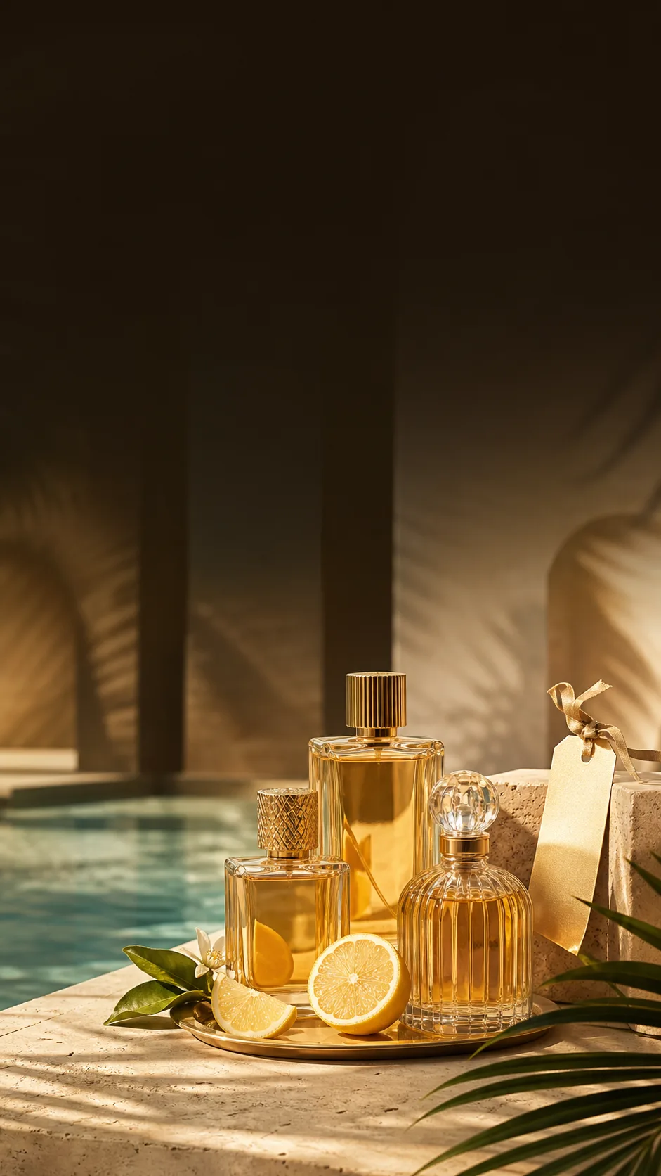Summer luxury perfume sale still life with fragrance bottles, citrus, pool reflections, and warm sunlight